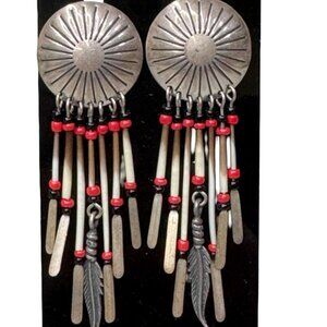 Vintage Native American Carved Beads Silver Concho Earrings Feather Dangles Red